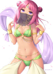 Rule 34 | 1girl, :d, armlet, bikini, bracelet, breasts, cleavage, cowboy shot, double bun, green bikini, hair bun, hand up, harem pants, head tilt, jewelry, looking at viewer, medium breasts, mouth veil, navel, open mouth, original, pants, pink hair, purple eyes, sasaame, smile, solo, standing, swimsuit, twintails, veil, white background