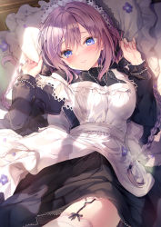 Rule 34 | 1girl, apron, black dress, blue eyes, blush, braid, breasts, closed mouth, dress, frilled apron, frilled pillow, frills, hair between eyes, hair ornament, hands up, highres, lace, lace-trimmed apron, lace-trimmed dress, lace trim, long hair, long sleeves, looking at viewer, looking up, lying, maid, maid apron, maid headdress, medium breasts, original, pillow, purple eyes, purple hair, rubi-sama, smile, thighhighs, thighs, twin braids, twintails, white apron, white dress