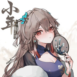 Rule 34 | 1girl, blue dress, breasts, brown hair, brown nails, cleavage, closed mouth, commentary request, dated, double-parted bangs, dress, earrings, girls&#039; frontline, hair between eyes, hair ornament, highres, holding, jewelry, long hair, looking at viewer, medium breasts, mole, mole under eye, red eyes, sakatakin, signature, solo, sp9 (girls&#039; frontline), tassel, tassel earrings