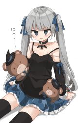 Rule 34 | 1girl, bad id, bad twitter id, bare shoulders, black thighhighs, blue bow, blue eyes, blue skirt, blush, bow, collar, commentary request, cowboy shot, detached sleeves, grey hair, hair bow, hat, highres, long hair, long sleeves, looking at viewer, murakami meishi, open mouth, original, simple background, sitting, skirt, smile, solo, strap slip, stuffed animal, stuffed toy, teddy bear, thighhighs, twintails, very long hair, white background, witch hat, zettai ryouiki