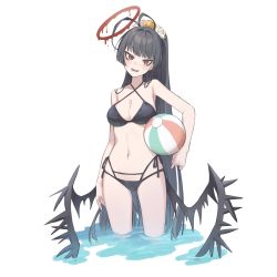Rule 34 | 1girl, antenna hair, arm at side, bad id, bad twitter id, ball, bare arms, bare shoulders, beachball, bikini, black bikini, blue archive, blush, breasts, cleavage, criss-cross halter, hair intakes, hakuhatsu, halo, halterneck, head tilt, highres, low wings, medium breasts, multi-strapped bikini, navel, open mouth, ponytail, red eyes, smile, solo, swimsuit, teeth, tsurugi (blue archive), tsurugi (swimsuit) (blue archive), wading, water, white background, wings