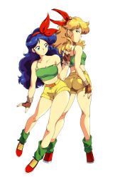 Rule 34 | 1990s (style), 2girls, ass, back-to-back, blonde hair, blue eyes, blue hair, breasts, brown gloves, camisole, commentary, curly hair, dragon ball, dragon ball (classic), dual persona, english commentary, fingerless gloves, fingernails, full body, gloves, green eyes, green legwear, hairband, harleequeen, highres, kneepits, long hair, loose socks, lunch (bad) (dragon ball), lunch (dragon ball), lunch (good) (dragon ball), medium breasts, midriff, multiple girls, red footwear, red hairband, retro artstyle, shoes, shorts, sneakers, socks, spaghetti strap, strap slip, white background, yellow shorts