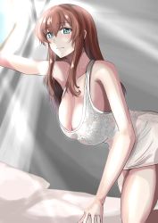 Rule 34 | 1girl, absurdres, aqua eyes, breasts, brown hair, cleavage, closed mouth, dress, from side, hair down, highres, jewelry, kantai collection, ken (shutenndouji1), large breasts, long hair, looking at viewer, nightgown, ring, saratoga (kancolle), sideboob, simple background, solo, white dress, white nightgown, window