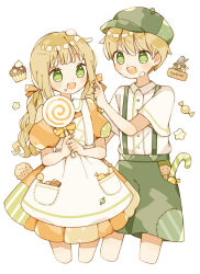 1boy 1girl apron blonde_hair blush brother_and_sister candy candy_cane checkerboard_cookie collared_dress collared_shirt commentary cookie cropped_legs cupcake dress food food_in_pocket food_on_face green_eyes gretel_(grimm) hair_ribbon hansel_(grimm) hansel_and_gretel hat highres holding holding_food lollipop long_hair low_twintails nagihoko open_mouth original patch pocket puffy_short_sleeves puffy_sleeves ribbon shirt short_hair short_sleeves shorts siblings smile suspender_shorts suspenders swirl_lollipop twintails wrapped_candy