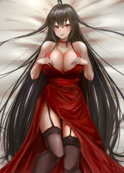 Rule 34 | 1girl, absurdres, azur lane, bare shoulders, black hair, blush, breasts, choker, cleavage, cocktail dress, dress, garter straps, hair between eyes, hair ornament, highres, large breasts, long hair, looking at viewer, lying, official alternate costume, on back, red dress, red eyes, smile, solo, srn ana, taihou (azur lane), taihou (forbidden feast) (azur lane), thighhighs, very long hair