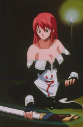 Rule 34 | 1girl, bare shoulders, breasts, cleavage, elbow gloves, fingerless gloves, gloves, glowing, high heels, himiko-den, imari (himiko-den), large breasts, crossed legs, red hair, screencap, shoes, sitting, solo, sword, weapon