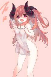 Rule 34 | 1girl, absurdres, breasts, covered navel, covering privates, demon horns, highres, horns, long hair, looking at viewer, medium breasts, naked towel, nude cover, open mouth, original, pink background, pink eyes, red hair, relila, simple background, smile, solo, standing, towel