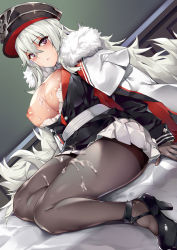 Rule 34 | 1girl, azur lane, black footwear, black hat, black pantyhose, blush, breasts, breasts out, coat, commentary request, cover, cover page, cross, cum, cum on body, cum on breasts, cum on clothes, cum on upper body, dutch angle, full body, fur trim, graf zeppelin (azur lane), hair between eyes, hat, high heels, highres, iron cross, lace, large breasts, legs together, long hair, long sleeves, looking at viewer, military hat, miniskirt, naha78, nipples, pantyhose, purple eyes, sitting, skirt, solo, sweatdrop