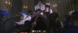 Rule 34 | 1girl, absurdres, animal ear fluff, animal ears, arknights, black hair, black pantyhose, blade, blue flower, blue gloves, blue ribbon, blue rose, couch, crossed legs, cup, dacheng ad, fingerless gloves, flower, gloves, high heels, highres, indoors, long hair, looking at viewer, official alternate costume, pantyhose, ribbon, rose, scenery, sitting, solo, texas (arknights), texas the omertosa (arknights), wall lamp, weibo logo, weibo watermark, white footwear, window, wolf ears, yellow eyes