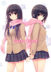 Rule 34 | 2girls, aoyama sumika, arms behind back, black hair, blush, brown hair, coffee-kizoku, holding hands, light smile, long hair, looking at viewer, multiple girls, original, pleated skirt, red eyes, scarf, school uniform, shared clothes, shared scarf, shiramine rika, short hair, skirt, smile, snowflakes, yellow eyes