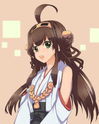 Rule 34 | 10s, 1girl, ahoge, bad id, bad pixiv id, bare shoulders, blush, brown hair, detached sleeves, green eyes, hairband, japanese clothes, kantai collection, kawagoe pochi, kongou (kancolle), long hair, looking at viewer, personification, smile, solo, wide sleeves