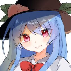 Rule 34 | 07 nagii, 1girl, blue hair, blush, bow, bowtie, close-up, closed mouth, commentary request, dot nose, eyes visible through hair, food, fruit, hair between eyes, hat, hinanawi tenshi, long hair, peach, pink eyes, portrait, red bow, red bowtie, simple background, smile, solo, touhou, white background, wing collar