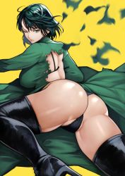 Rule 34 | 1girl, absurdres, ass, black panties, boots, bra, breasts, commentary request, dress, from behind, fubuki (one-punch man), green dress, green eyes, highres, large breasts, lingerie, long hair, looking at viewer, looking back, one-punch man, one eye closed, open bra, panties, shiny skin, simple background, solo, thigh boots, thighhighs, thighs, torn clothes, torn dress, underwear, yellow background, yoshio (55level)