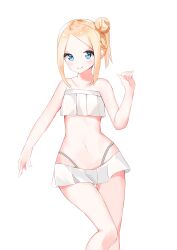 Rule 34 | 1girl, abigail williams (fate), abigail williams (swimsuit foreigner) (fate), absurdres, bare arms, bare shoulders, bikini, blonde hair, blue eyes, braid, closed mouth, collarbone, commentary, fate/grand order, fate (series), feet out of frame, forehead, hair bun, hand up, highleg, highleg bikini, highres, parted bangs, side ponytail, simple background, single side bun, smile, solo, strapless, strapless bikini, swimsuit, white background, white bikini, yukaa