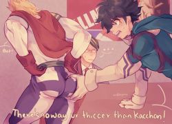 Rule 34 | 3boys, addy (@vegeebs), all might, ass, ass grab, blonde hair, bodysuit, boku no hero academia, cape, english text, from behind, gloves, highres, male focus, meme, midoriya izuku, multiple boys, muscular, muscular male, parody, parody request, pectorals, red cape, red gloves, short hair, sir nighteye, skin tight, spiked hair, subtitled, thick thighs, thighs, togata mirio, white bodysuit, yagi toshinori