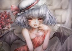 Rule 34 | 1girl, absurdres, asakazu, bare shoulders, bat wings, collarbone, curtains, dress, fangs, flat chest, flower, grey hair, hand up, hat, highres, indoors, mob cap, mouth pull, navel, open mouth, red dress, red eyes, red flower, remilia scarlet, rose, short hair, solo, teeth, tilted headwear, touhou, upper body, white hat, wings