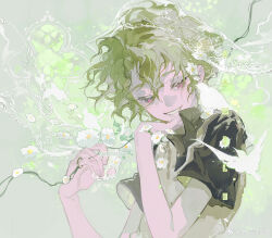 Rule 34 | 1girl, absurdres, bird, black shirt, clenched teeth, collared shirt, colored skin, commission, daisy, eyelashes, flower, green hair, green theme, grey background, grin, hair between eyes, hand on own chin, hands up, highres, lace, looking at viewer, original, pink eyes, pink skin, sample watermark, shirt, short hair, short sleeves, smile, solo, teeth, upper body, watermark, weibo logo, weibo watermark, white bird, white flower, zhi xu li ming