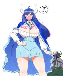 Rule 34 | 1boy, 1girl, blue ribbon, blue skirt, breasts, buttons, collar, eyebrows, female focus, hair over one eye, hat, high heels, highres, horns, large breasts, long hair, mannungei, mask, mouth mask, multicolored clothes, multicolored hair, multicolored hat, navel, no bra, one piece, page one (one piece), panties, pink mask, pirate, red eyes, red footwear, ribbon, skirt, solo, thighs, torn clothes, ulti (one piece), underwear, white collar, white horns, white panties
