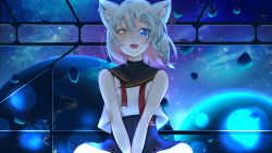 Rule 34 | 1girl, animal ear fluff, animal ears, blue dress, blue eyes, commentary request, dress, fang, hair between eyes, hair ornament, hairclip, heterochromia, highres, kazama gorou, looking at viewer, medium hair, meteor, neck ribbon, original, planet, red neckwear, scenery, smile, solo, space, undone neck ribbon, virtual youtuber, yellow eyes