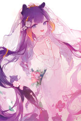Rule 34 | 1girl, absurdly long hair, alternate costume, blue eyes, blunt bangs, breasts, bridal veil, bride, center-flap bangs, commentary, dress, fang, finger to mouth, flower, gradient hair, hair flower, hair ornament, happyongdal, highres, hololive, hololive english, index finger raised, long dress, long hair, looking at viewer, mole, mole under eye, multicolored hair, ninomae ina&#039;nis, open mouth, orange hair, pencil dress, purple hair, shawl, shushing, sidelocks, simple background, small breasts, solo, strapless, strapless dress, takodachi (ninomae ina&#039;nis), tentacle hair, veil, very long hair, virtual youtuber, wedding dress, white background, white dress