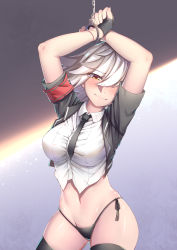 Rule 34 | 1girl, absurdres, arms up, bad id, bad pixiv id, bdsm, bismarck (warship girls r), black panties, black thighhighs, blush, bondage, bound, bound wrists, breasts, chain, closed mouth, cowboy shot, cuffs, eyebrows, fingerless gloves, gloves, hair between eyes, hands up, highres, large breasts, looking at viewer, navel, necktie, panties, ray (pixiv9514208), shiny skin, short hair, side-tie panties, solo, thighhighs, underwear, warship girls r, white hair, yellow eyes