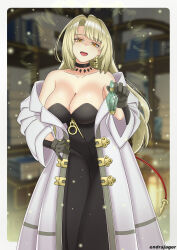 Rule 34 | 1girl, absurdres, black choker, black dress, black gloves, blonde hair, blurry, bottle, breasts, choker, cleavage, coat, dress, endrajager03, eyebrows hidden by hair, gloves, glowing, highres, holding, holding bottle, large breasts, long hair, looking at viewer, lorraine vivie, nozomanu fushi no boukensha, open mouth, potion, signature, smile, solo, sparkle, strapless, strapless dress, teeth, very long hair, white coat, yellow eyes