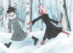 Rule 34 | 10s, 1boy, 1girl, bandages, black cloak, black hair, blue eyes, boots, cloak, coat, colored sclera, colored skin, commentary request, couple, darling in the franxx, fringe trim, fur boots, green eyes, grey coat, highres, hiro (darling in the franxx), hnbsyzk, hood, hooded cloak, horns, long hair, looking back, oni horns, parka, pink hair, red horns, red pupils, red sclera, red skin, short hair, snow, winter clothes, winter coat, aged down, zero two (darling in the franxx)