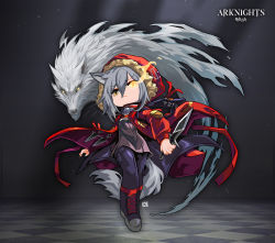 Rule 34 | 1girl, animal ears, arknights, black footwear, black pants, boots, closed mouth, coat, full body, fur-trimmed coat, fur trim, glowing, glowing eye, grey hair, holding, holding knife, knee boots, knife, lataedelan, long sleeves, looking at viewer, pants, projekt red (arknights), purple shirt, red coat, shirt, solo, tail, v-shaped eyebrows, wolf ears, wolf girl, wolf tail, yellow eyes