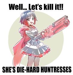 Rule 34 | 1girl, black hair, cape, commentary request, crescent rose, english text, engrish text, gun, highres, iesupa, multicolored hair, pantyhose, ranguage, red hair, ruby rose, rwby, grey eyes, smile, solo, weapon