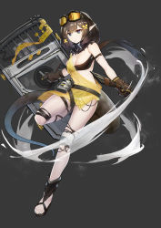 Rule 34 | 1girl, absurdres, arknights, bandeau, bare legs, black footwear, black gloves, black hair, blue eyes, breasts, cleavage, commentary, eunectes (arknights), gloves, goggles, goggles on head, grey background, highres, holding, holding shield, looking at viewer, medium breasts, midriff, pointy ears, sandals, shield, shiliuyexiaohei, short hair, simple background, snake tail, solo, strapless, tail, thigh strap, thighs, tube top