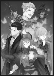 Rule 34 | 2boys, 2girls, ascot, black border, border, bug, butterfly, cape, closed mouth, facial hair, fate/grand order, fate (series), fujimaru ritsuka (female), glasses, gloves, greyscale, hand up, hat, highres, holding, holding lantern, insect, james moriarty (archer) (fate), lantern, long hair, long sleeves, looking at viewer, mash kyrielight, medium hair, monochrome, multiple boys, multiple girls, mustache, official alternate costume, one eye closed, parted lips, sankomichi, sherlock holmes (fate), shirt, smile, standing, wide-eyed