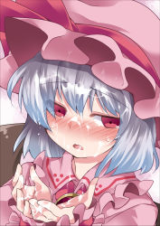 Rule 34 | 1girl, bad id, bad pixiv id, blue hair, blush, commentary request, dress, hammer (sunset beach), hat, hat ribbon, milk, mob cap, open mouth, pink dress, red eyes, remilia scarlet, ribbon, silver hair, solo, spilled milk, suggestive fluid, tears, touhou, upper body