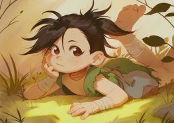Rule 34 | 1girl, alkemanubis, androgynous, barefoot, black hair, brown eyes, closed mouth, dororo (character), dororo (tezuka), flat chest, japanese clothes, looking at viewer, ponytail, reverse trap, short hair, sleeveless, solo