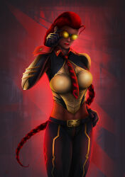 Rule 34 | abs, absurdres, armor, belt, belt buckle, between breasts, braid, breasts, buckle, capcom, crimson viper, dark skin, glowing, glowing eyes, highres, ivan khudoy, muscular, muscular female, necktie, necktie between breasts, red hair, simple background, solo, standing, street fighter, sunglasses, thick thighs, thighs