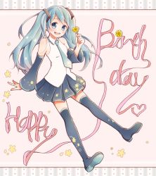 Rule 34 | 1girl, :d, aqua eyes, aqua hair, aqua necktie, bare shoulders, black footwear, black skirt, black thighhighs, blush, boots, border, breasts, collared shirt, detached sleeves, english text, flower, full body, happy birthday, hatsune miku, head tilt, heart, highres, holding, holding flower, long hair, long sleeves, looking at viewer, miniskirt, mononofu44, necktie, open mouth, outstretched arm, pink background, pink ribbon, pleated skirt, ribbon, shirt, skirt, sleeveless, sleeveless shirt, small breasts, smile, solo, thigh boots, thighhighs, twintails, vocaloid, white shirt, wing collar, zettai ryouiki