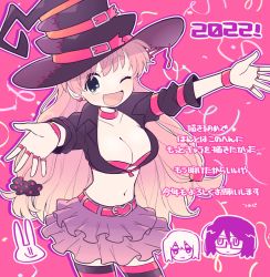 Rule 34 | 2022, belt, blonde hair, blue eyes, bra, bracelet, breasts, chibi, chibi inset, choker, cleavage, cropped jacket, earrings, frilled skirt, frills, glasses, gradient hair, hair ornament, hair scrunchie, hat, heart, heart hair ornament, jewelry, large breasts, midriff, miniskirt, multicolored hair, navel, original, outstretched arms, pink bra, pink choker, pink hair, ring, scrunchie, skirt, striped clothes, striped thighhighs, thighhighs, translation request, tsunoji, underwear, witch hat, zettai ryouiki