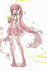 Rule 34 | 1girl, bare shoulders, cherry blossoms, commentary, detached sleeves, falling petals, flower, full body, hair ornament, hand up, hatsune miku, high heels, highres, holding, holding flower, long hair, looking at object, miniskirt, nail polish, necktie, neonneon321, open mouth, petals, pink eyes, pink flower, pink hair, pink nails, pink neckwear, pink skirt, pink sleeves, pink thighhighs, pleated skirt, sakura miku, shirt, skirt, sleeveless, sleeveless shirt, smile, standing, thighhighs, twintails, very long hair, vocaloid, white background, white shirt, zettai ryouiki