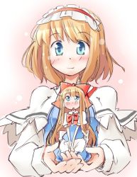 Rule 34 | 2girls, alice margatroid, arnest, bad id, bad pixiv id, blonde hair, blue eyes, blush, bow, capelet, female focus, gradient background, hair bow, headband, holding, in palm, long hair, looking at viewer, multiple girls, shanghai doll, short hair, sketch, smile, touhou, upper body, white background