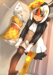 Rule 34 | 1girl, artist name, atlantic puffin (kemono friends), beret, bird tail, black hair, black jacket, black thighhighs, changing clothes, commentary request, curtains, dress, dressing room, gloves, hair between eyes, hairband, hat, head wings, highres, indoors, jacket, kemono friends, leaning forward, multicolored hair, musical note, no shoes, orange headwear, plaid, plaid dress, red eyes, red hair, skirt, smile, solo, spoken musical note, strapless, strapless dress, sweater, tail, thighhighs, thin (suzuneya), tilted headwear, twitter username, white gloves, white hairband, white skirt, white sweater, wings