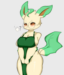 Rule 34 | 1girl, ?, absurdres, animal ears, animal nose, apron, blush, breasts, brown eyes, cleavage, closed mouth, creatures (company), cup, drinking glass, female focus, furry, furry female, game freak, gen 4 pokemon, glasses, green apron, grey background, highres, iced latte with breast milk (meme), large breasts, leafeon, meme, naked apron, nintendo, personification, pokemon, pokemon (creature), round eyewear, simple background, solo, standing, tail, thighs, yoru (yoru vida)