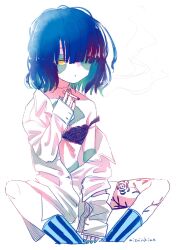 Rule 34 | 1girl, bags under eyes, black bra, blue hair, blue nails, blue socks, blunt bangs, bra, cigarette, collared shirt, hair over one eye, half-closed eye, hand up, highres, holding, holding cigarette, indie virtual youtuber, jiangshi, lace, lace bra, leg tattoo, long sleeves, looking at viewer, mizuinokima, nail polish, off shoulder, pale skin, partially unbuttoned, partially undressed, patchwork skin, shirt, short hair, sitting, smoke, smoking, socks, solo, stitches, strap slip, striped clothes, striped socks, tattoo, underwear, virtual youtuber, white background, white shirt, yellow eyes, yosumi (vtuber)