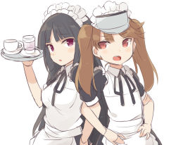 Rule 34 | 10s, 2girls, bad id, bad pixiv id, black hair, brown eyes, brown hair, cup, hiyou (kancolle), kantai collection, long hair, maid, multiple girls, personification, purple eyes, ryuujou (kancolle), teacup, totoki86, tray, twintails