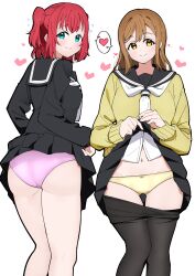 Rule 34 | 2girls, aqua eyes, ass, black shirt, black skirt, blush, bow, bow panties, brown hair, closed mouth, clothes lift, clothes pull, commentary request, commission, flashing, gluteal fold, heart, highres, kunikida hanamaru, kurosawa ruby, lifting own clothes, liz (piyoko piyop), long hair, long sleeves, looking at viewer, looking back, love live!, love live! sunshine!!, medium hair, multiple girls, navel, necktie, panties, pantyhose, pantyhose pull, pink panties, red hair, school uniform, shirt, simple background, skeb commission, skirt, skirt lift, smile, split mouth, spoken heart, twintails, underwear, white background, white necktie, yellow eyes, yellow panties, yellow shirt