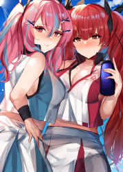 Rule 34 | 2girls, :p, adapted costume, alternate costume, azur lane, bad anatomy, bare shoulders, black ribbon, blue background, blush, bottle, bow, braid, breasts, bremerton (azur lane), bremerton (azur lane) (cosplay), bremerton (scorching-hot training) (azur lane), chain-link fence, cleavage, closed mouth, collarbone, collared shirt, commentary request, cosplay, cowboy shot, crop top, crop top overhang, fence, frown, green shirt, green skirt, grey hair, hair between eyes, hair bow, hair intakes, hair ornament, hair ribbon, hairclip, highres, holding, holding bottle, honolulu (azur lane), large breasts, long hair, look-alike, looking at viewer, md5 mismatch, midriff, miyasaka miyabi, mole, mole under eye, multicolored hair, multiple girls, nose blush, pink eyes, pink hair, profile, red eyes, red hair, red shirt, red skirt, resolution mismatch, revision, ribbon, shirt, sidelocks, skirt, sleeveless, sleeveless shirt, smile, source smaller, sportswear, standing, streaked hair, tennis uniform, tongue, tongue out, twintails, two-tone hair, two-tone shirt, two-tone skirt, water bottle, white shirt, white skirt, wristband, x hair ornament