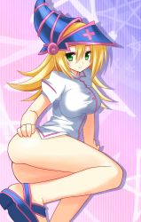 Rule 34 | 1girl, alternate costume, blonde hair, bottomless, breasts, dark magician girl, duel monster, green eyes, hat, icetiina, large breasts, nurse, smile, solo, star (symbol), striped, striped background, wizard hat, yu-gi-oh!, yuu-gi-ou, yu-gi-oh! duel monsters
