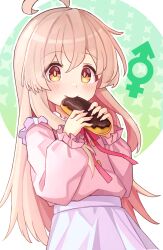 Rule 34 | 1girl, absurdres, ahoge, brown eyes, commentary, eclair (food), eyes visible through hair, food, food in mouth, frilled shirt collar, frills, hair between eyes, highres, holding, holding food, light blush, light brown hair, long sleeves, looking at viewer, male-female symbol, nomio, onii-chan wa oshimai!, outline, oyama mahiro, pink shirt, puffy long sleeves, puffy sleeves, shirt, sidelocks, skirt, solo, white outline, white skirt