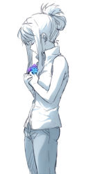 Rule 34 | 1girl, bare shoulders, blue theme, closed eyes, conqueror of shambala, earrings, female focus, flower, forget-me-not (flower), from side, fullmetal alchemist, hands on own chest, jewelry, monochrome, profile, purple theme, riru, sad, short hair, simple background, sleeveless, solo, upper body, white background, winry rockbell