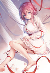 Rule 34 | 1girl, barefoot, blue eyes, blush, breasts, closed mouth, column, dress, feet, flower, frilled dress, frilled sleeves, frills, go-toubun no hanayome, hair between eyes, knees together feet apart, large breasts, legs, light particles, long hair, long sleeves, looking at viewer, nakano miku, paint musume, petals, pillar, pink hair, red ribbon, ribbon, rose, sidelocks, signature, sitting, smile, soles, solo, toes, twitter username, white dress, white flower, white rose