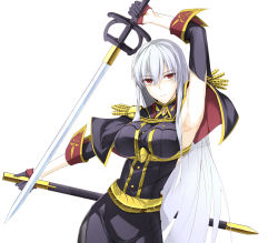 Rule 34 | 00s, 1girl, absurdres, armpits, arms up, black gloves, gloves, highres, holding, holding sword, holding weapon, long hair, looking at viewer, military, red eyes, selvaria bles, senjou no valkyria, senjou no valkyria (series), senjou no valkyria 1, sensei (hitagi3594), simple background, solo, sword, weapon, white background, white hair