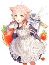 Rule 34 | 1girl, ahoge, animal ears, apron, black dress, bottle, cat ears, center frills, collarbone, collared dress, dress, food, frilled apron, frills, fruit, hand up, highres, holding, holding clothes, holding skirt, juliet sleeves, kim eb, long sleeves, looking at viewer, milk, milk bottle, open mouth, original, pink hair, puffy sleeves, simple background, skirt, solo, standing, strawberry, teeth, white background, yellow eyes